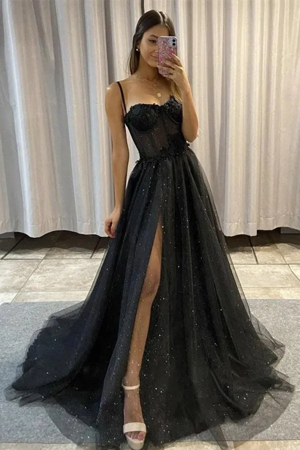 A-line Tulle Sweetheart Black Long Prom Dress Split Dress PSK305