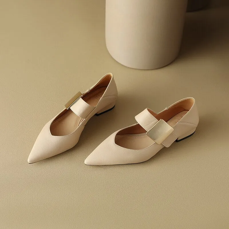 Amozae 2023 new spring women pumps natural leather 22-24.5cm length cowhide pigskin full leather Metal square Buckle Mary Jane shoes