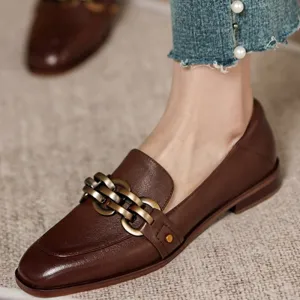 Amozae 2023 New Women Chain Loafers 22-25cm Low Heels Genuine Leather Round Toe Slip on Loafers Ladies Cozy Casual Spring Shoes