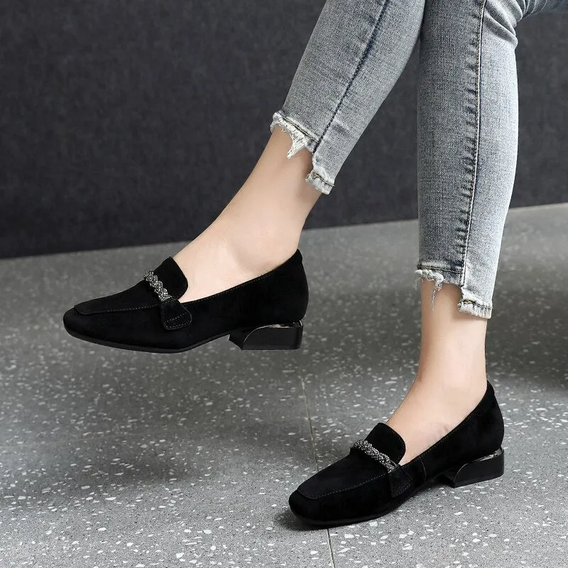 Amozae Autumn Winter Women Loafers Low Heels Boat Shoes Square Toe Dress Shoes Chain Faux Suede Plush Warm Ladies Shoes