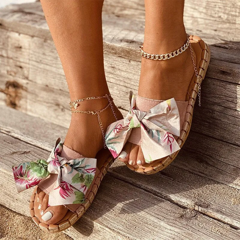 Amozae--Back  To School Outfit   Women 2024 Summer Bowtie Slippers Woman Print Slides Ladies Sewing Flats Women's Footwear Female Casual Beach Shoes Plus Size