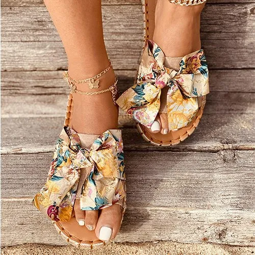 Amozae--Back  To School Outfit   Women 2024 Summer Bowtie Slippers Woman Print Slides Ladies Sewing Flats Women's Footwear Female Casual Beach Shoes Plus Size