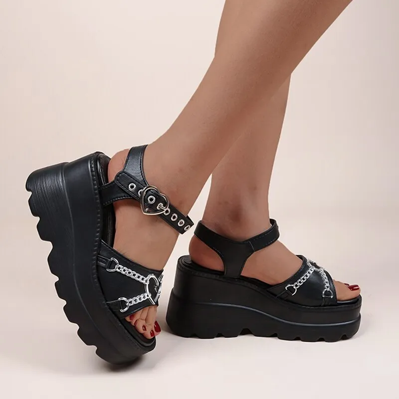 Amozae Black Gothic Wedge Sandals Women Summer Y2K Style Chunky Platform Sandals Women Punk Buckle Thick Bottom Lolita Shoes Plus Size