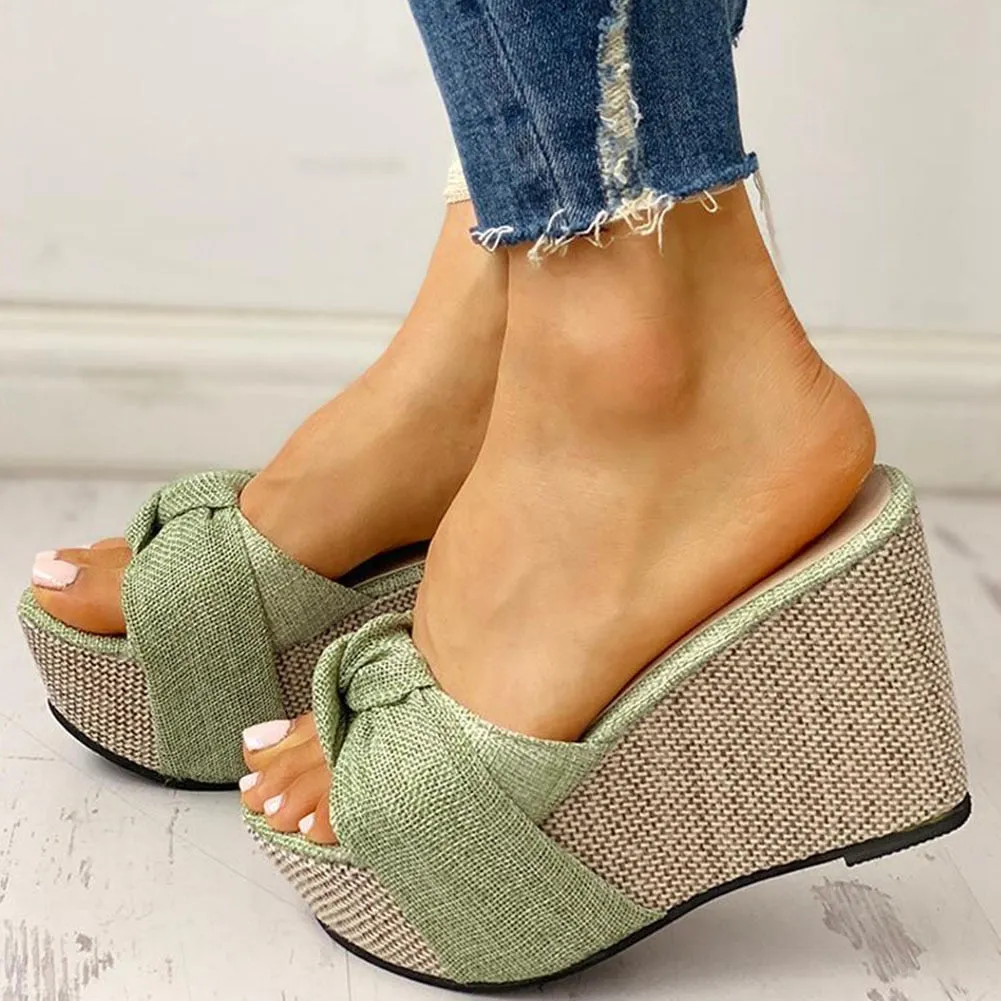 Amozae Bow Tied Slip on Leisure Platform Summer Sandals 2020 Wedges High Heels Women Shoes Woman Mules Flip Flops