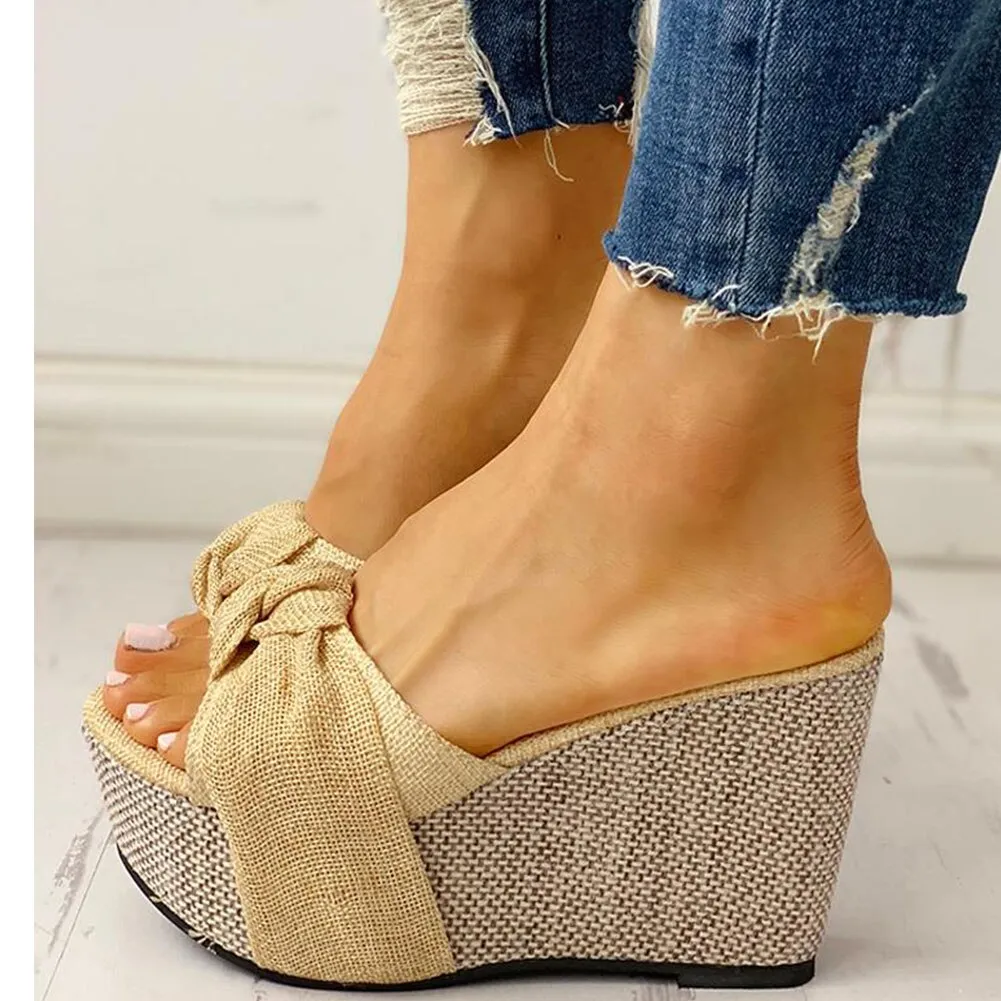 Amozae Bow Tied Slip on Leisure Platform Summer Sandals 2020 Wedges High Heels Women Shoes Woman Mules Flip Flops