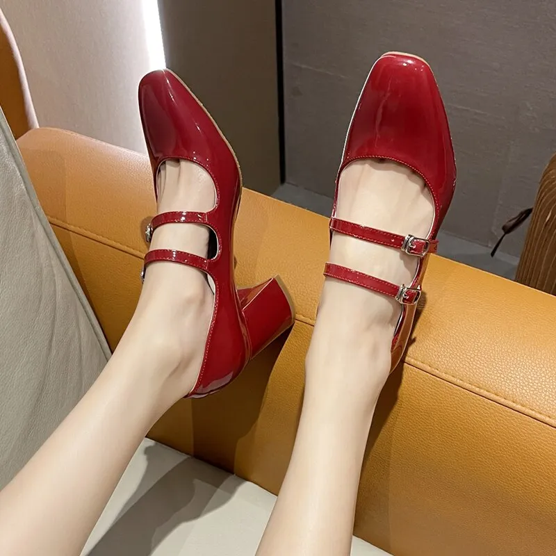 Amozae Thick High Heels Mary Jane Shoes for Women Spring 2022 Fashion Double Buckle Strap Pumps Women Black Patent Leather Shoes