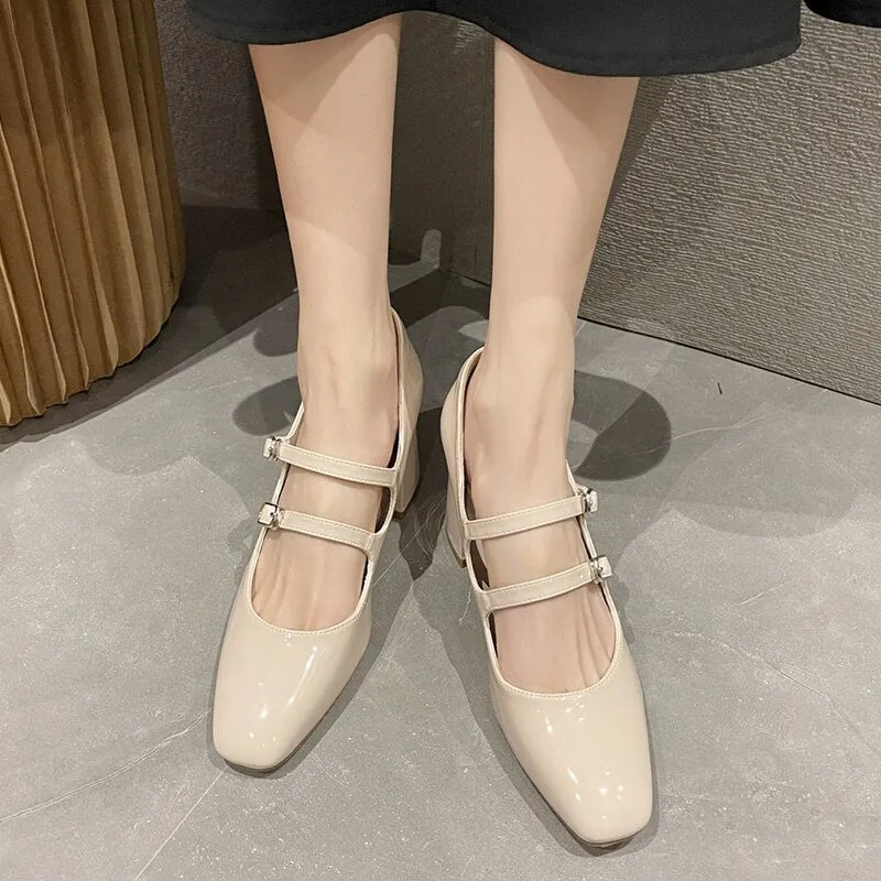 Amozae Thick High Heels Mary Jane Shoes for Women Spring 2022 Fashion Double Buckle Strap Pumps Women Black Patent Leather Shoes