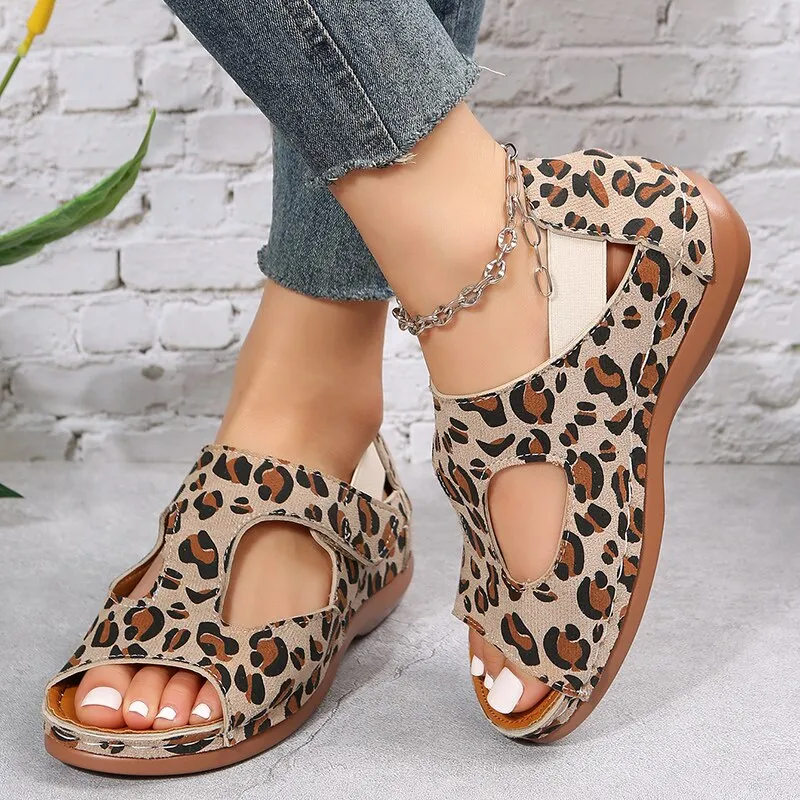 Amozae Vintage Leopard Print Roman Sandals Women Peep Toe Hollow Out Wedge Sandalias Mujer 2023 Thick Sole Non Slip Summer Shoes Woman