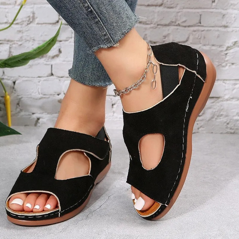 Amozae Vintage Leopard Print Roman Sandals Women Peep Toe Hollow Out Wedge Sandalias Mujer 2023 Thick Sole Non Slip Summer Shoes Woman