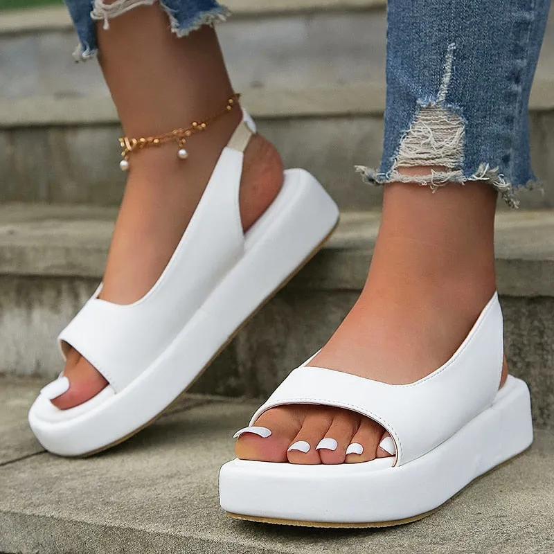 Amozae White PU Leather Platform Sandals Women Casual Back Strap Flat Sandals Woman 2023 Summer Open Toe Non Slip Beach Shoes Plus Size