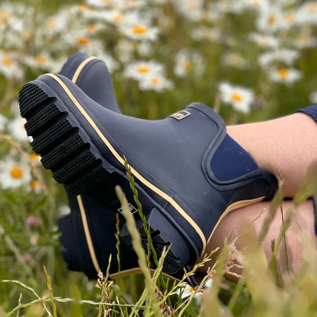 Ankle Height Rain Boots - Navy Blue with Cream Trim - Wide Foot - Easy to Slip On