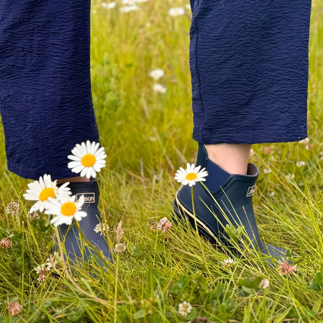 Ankle Height Rain Boots - Navy Blue with Cream Trim - Wide Foot - Easy to Slip On