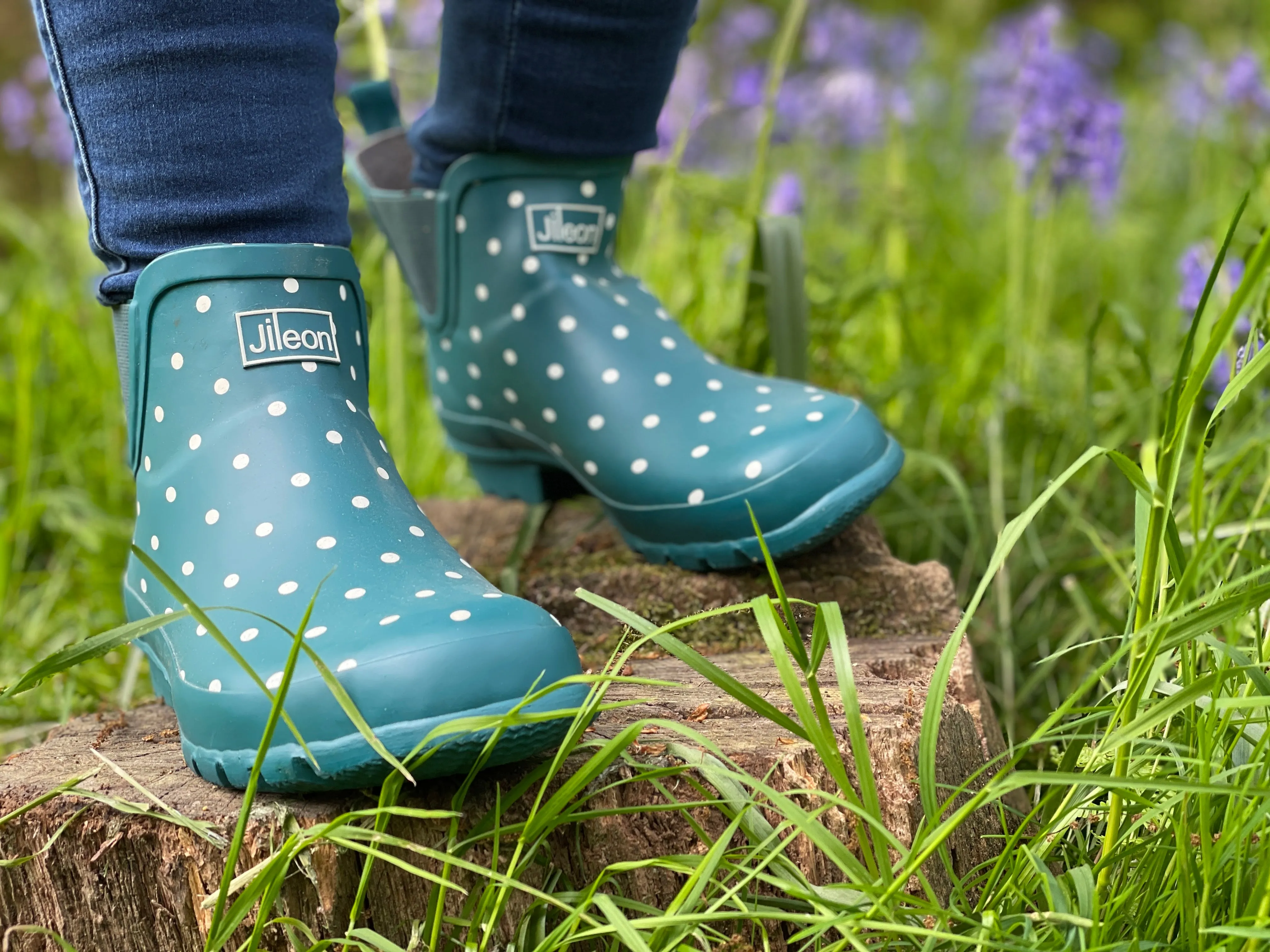 Ankle Height Rain Boots - Teal with White Spots - Wide Foot - Easy to Slip On