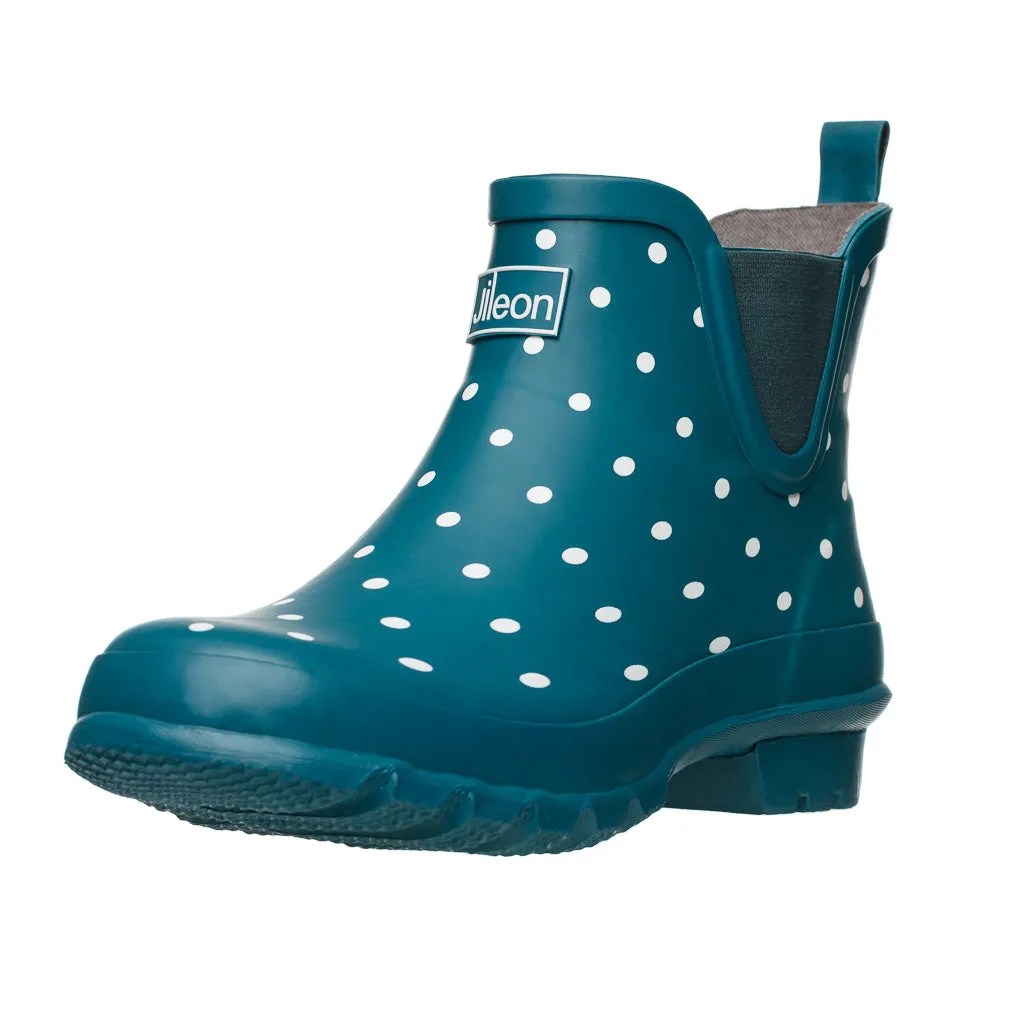 Ankle Height Rain Boots - Teal with White Spots - Wide Foot - Easy to Slip On