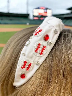 Beaded Baseball Embellished Headband - White