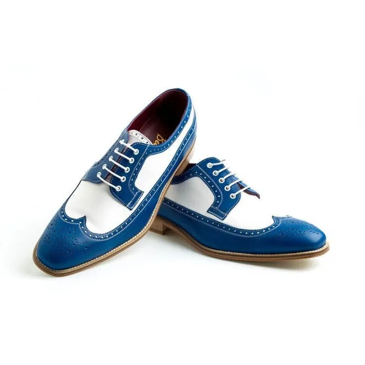 Bespoke Blue & White Leather Wing Tip Lace Up Shoe for Men