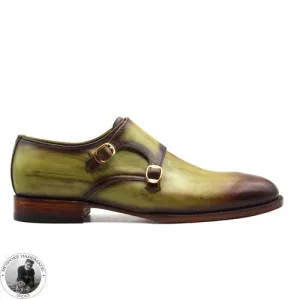 Bespoke Handmade Stylish Two Tone , Leather Toe Shaded Double Monk Strap Dress Shoes for Men'