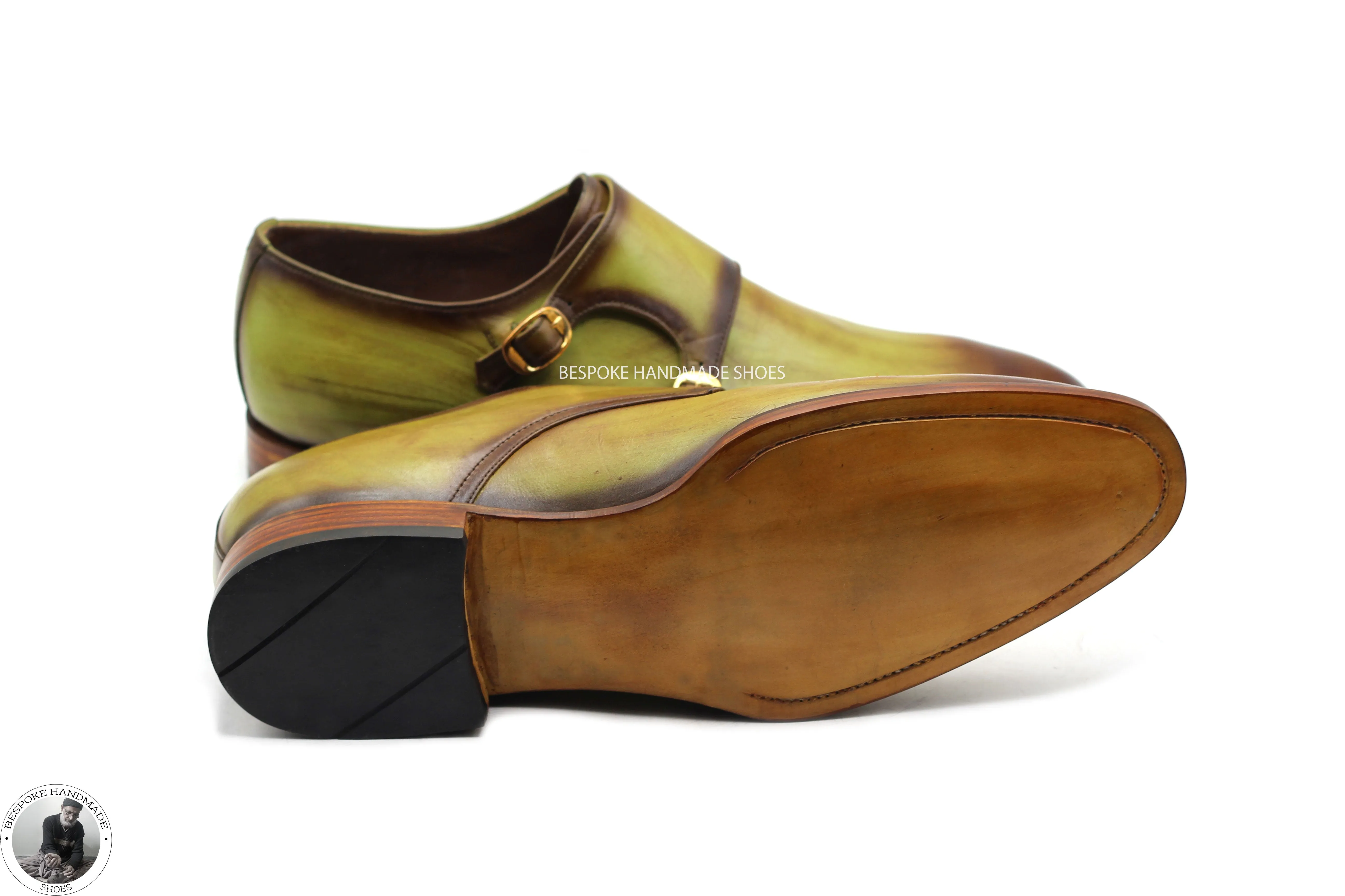 Bespoke Handmade Stylish Two Tone , Leather Toe Shaded Double Monk Strap Dress Shoes for Men'