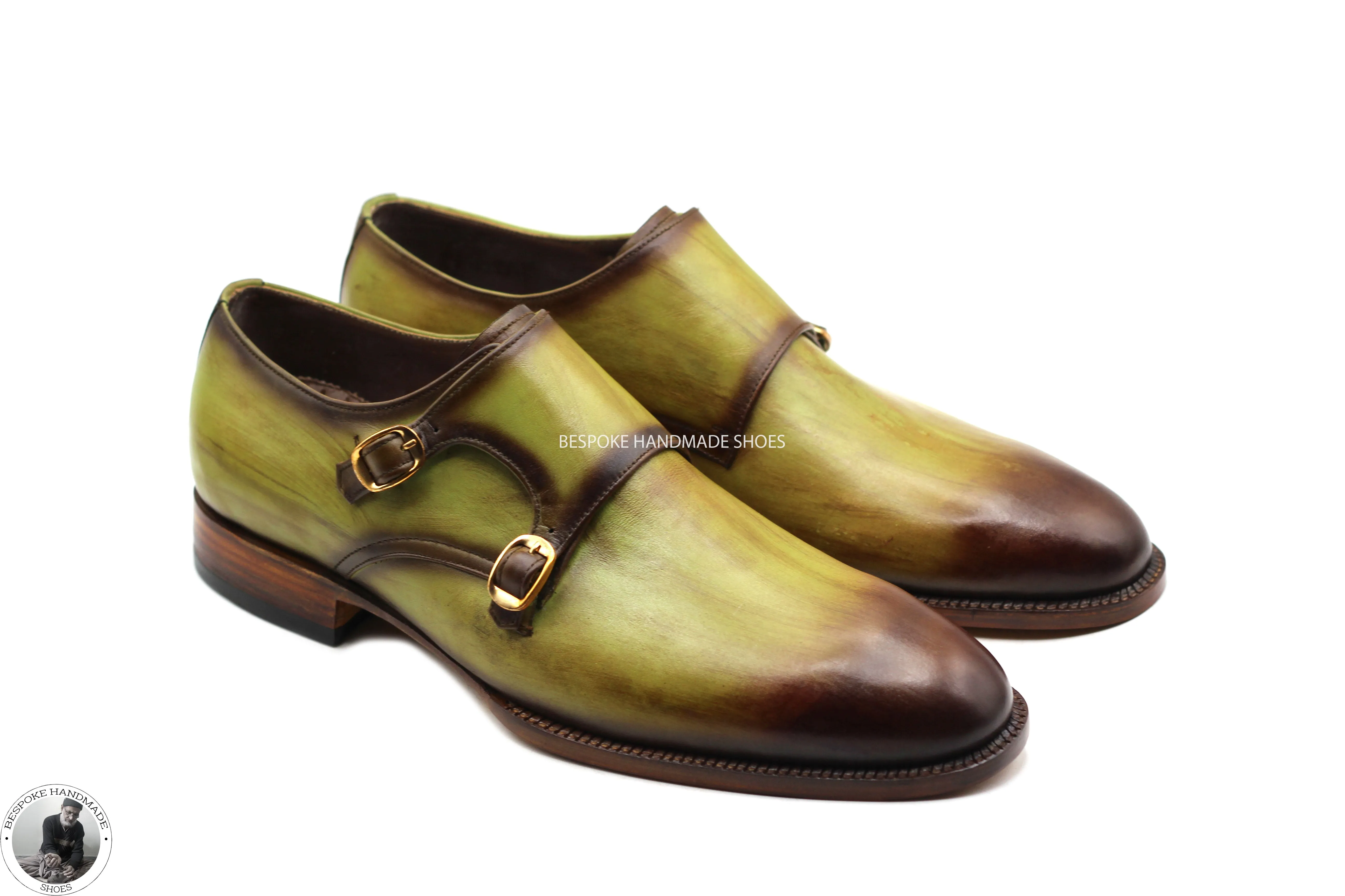 Bespoke Handmade Stylish Two Tone , Leather Toe Shaded Double Monk Strap Dress Shoes for Men'