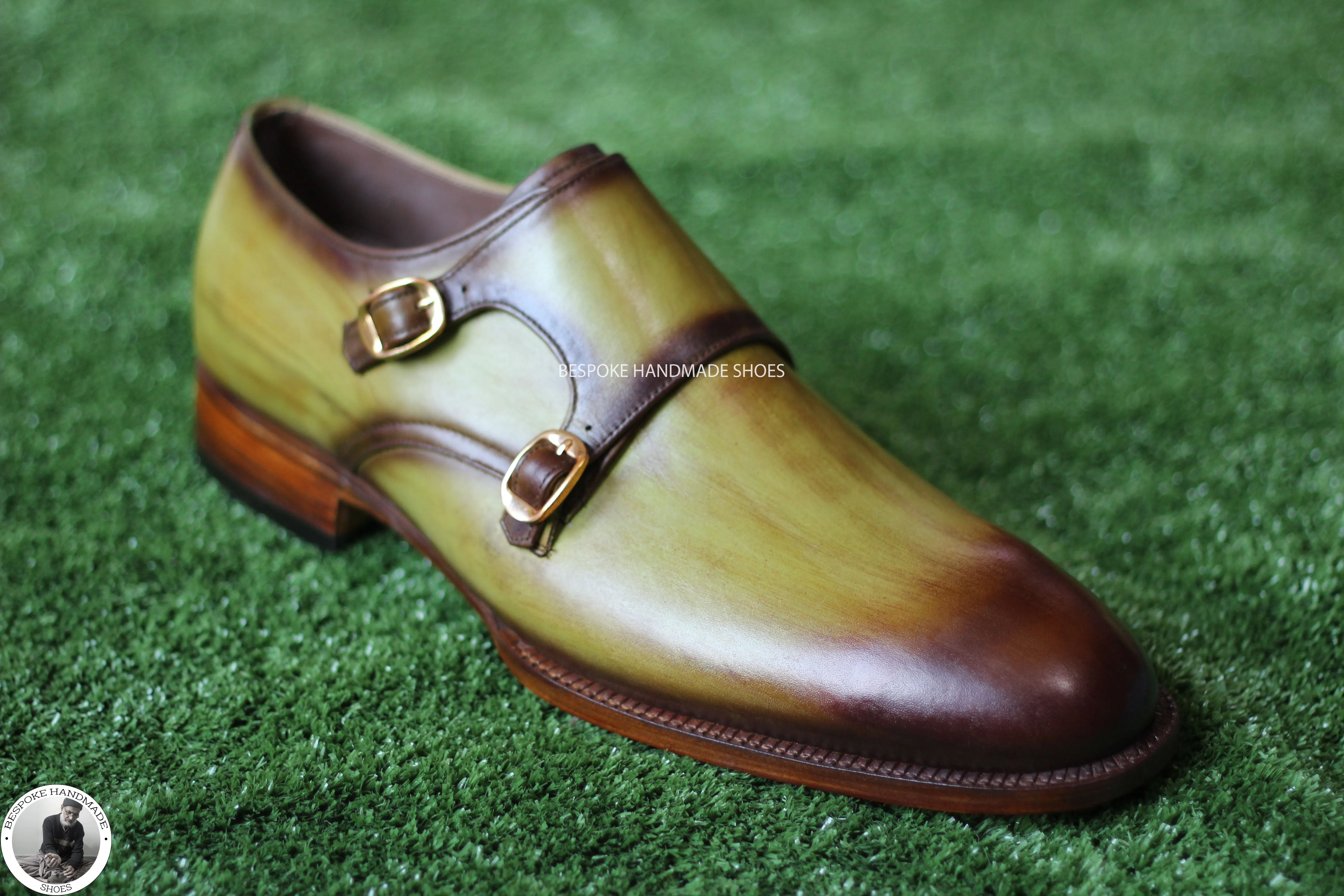 Bespoke Handmade Stylish Two Tone , Leather Toe Shaded Double Monk Strap Dress Shoes for Men'