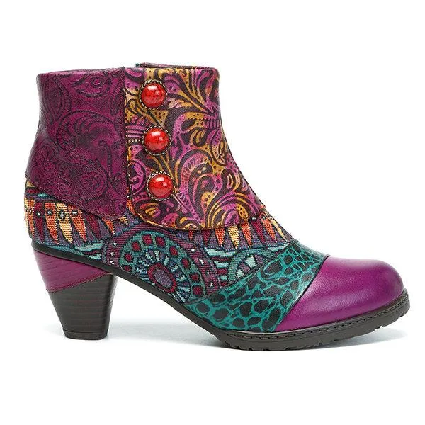 Boho Splicing Pattern Button Zipper Ankle Leather Boots