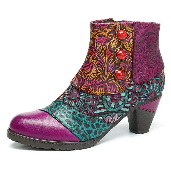 Boho Splicing Pattern Button Zipper Ankle Leather Boots