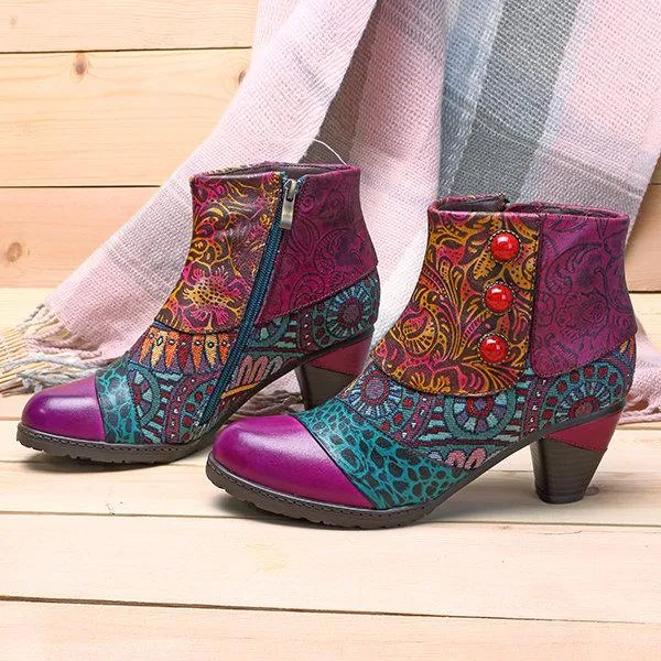 Boho Splicing Pattern Button Zipper Ankle Leather Boots