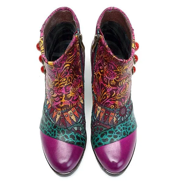 Boho Splicing Pattern Button Zipper Ankle Leather Boots