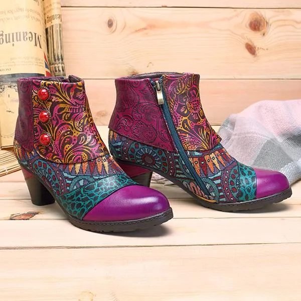 Boho Splicing Pattern Button Zipper Ankle Leather Boots