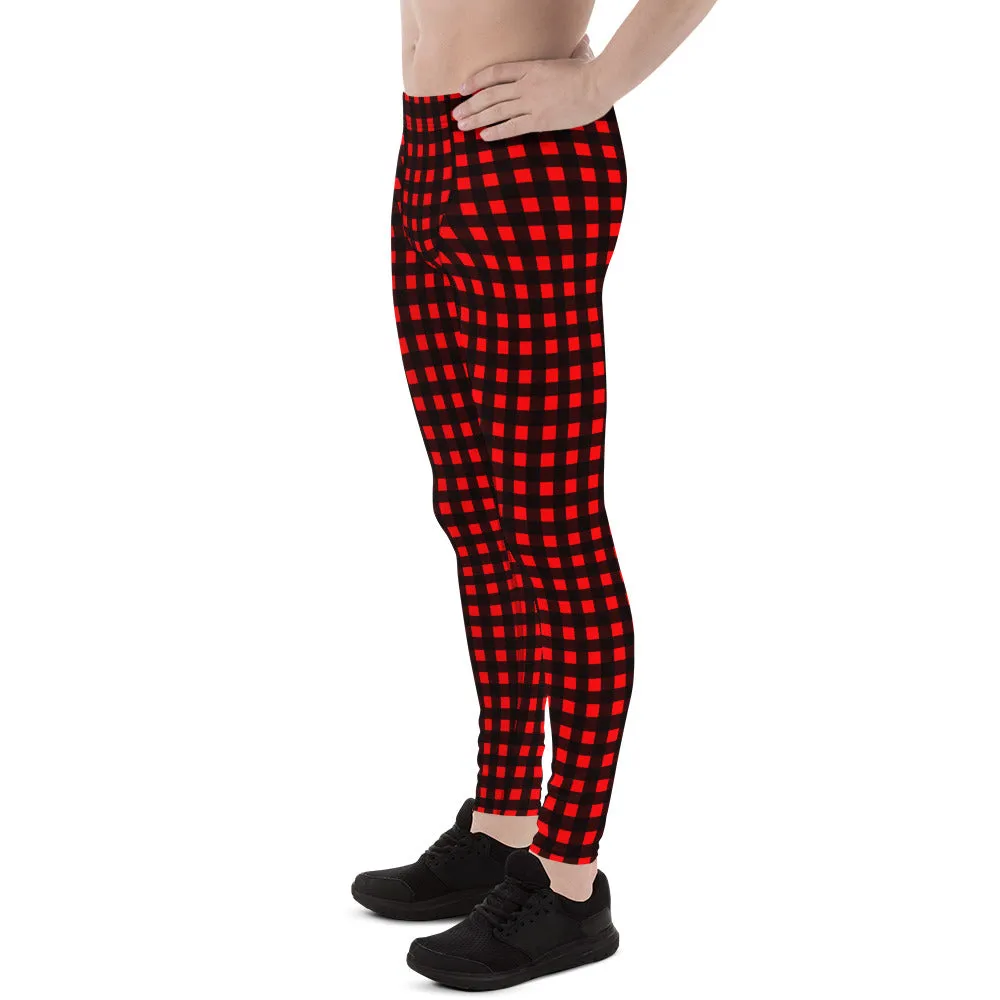 Buffalo Red Plaid Meggings, Buffalo Print Men's Leggings Compression Tights-Made in USA/MX/EU