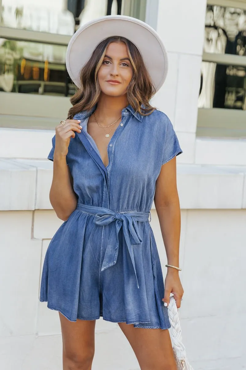 Chambray Short Sleeve Waist Tie Romper - FINAL SALE