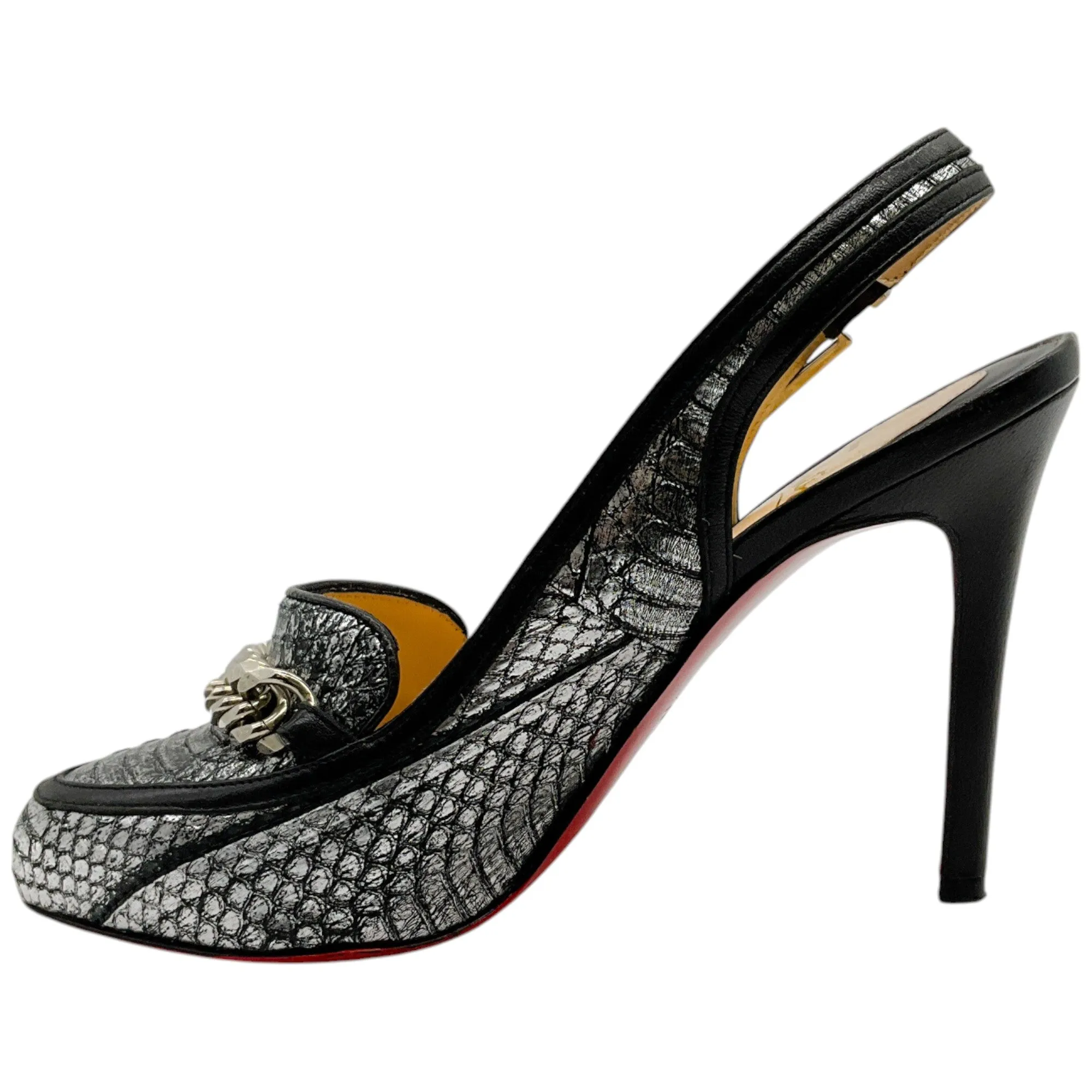 Christian Louboutin Black / Silver Snake Slingback Pumps with Chain Detail