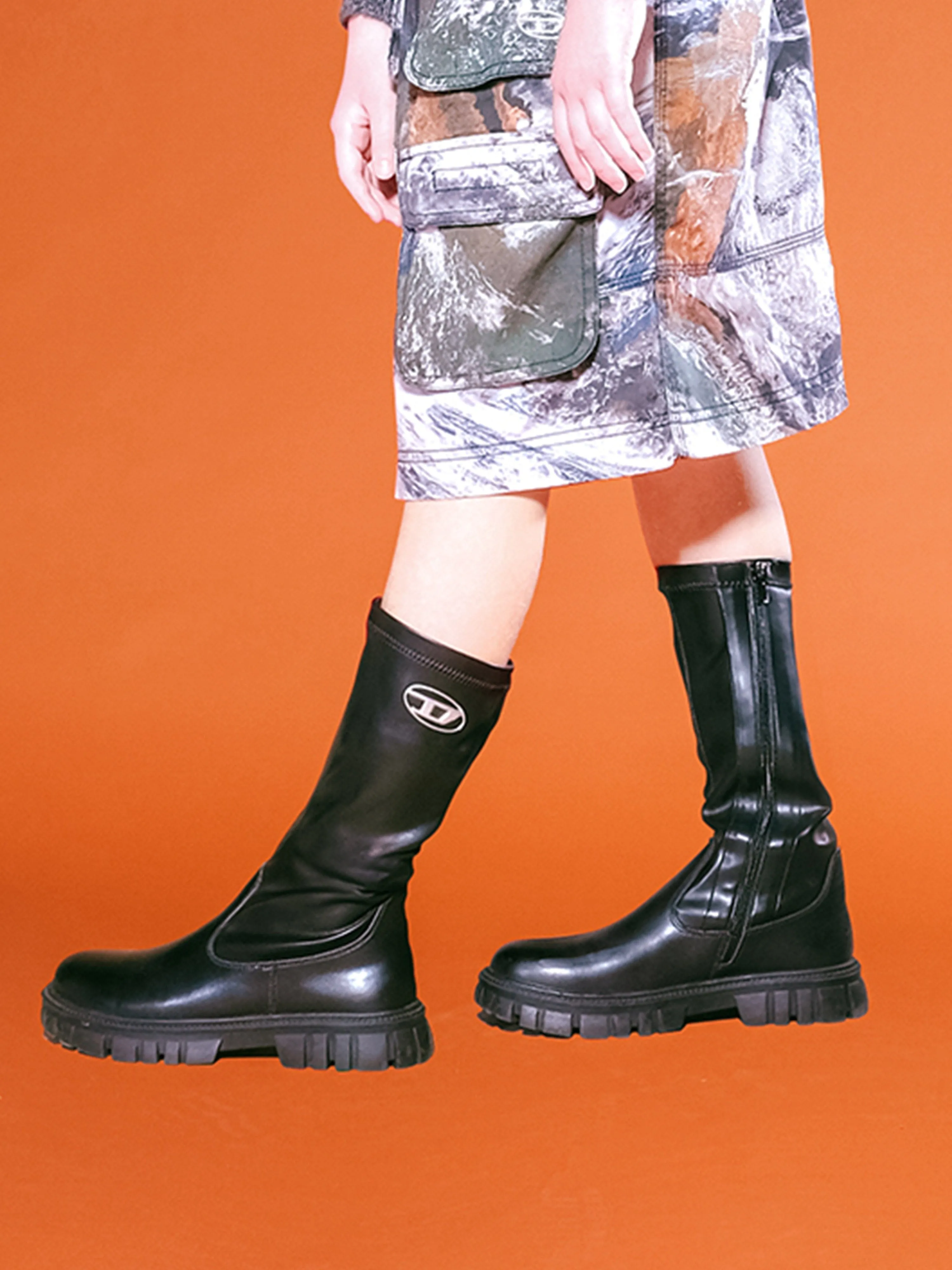 Diesel Girls Leather Logo Boots in Black