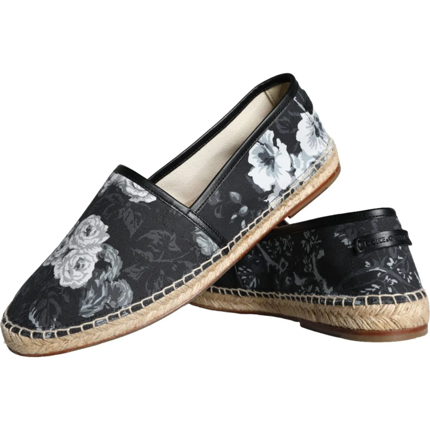 Dolce & Gabbana Black Floral Cotton Leather Espadrilles Shoes