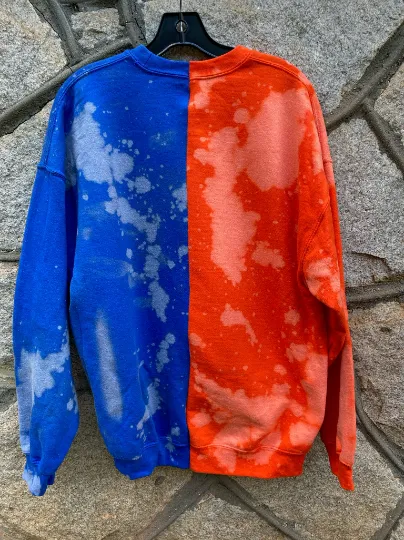 Handmade Denver Broncos Orange Royal Blue Hand-Bleached Half and Half Sweatshirt