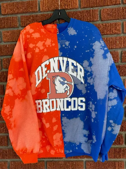 Handmade Denver Broncos Orange Royal Blue Hand-Bleached Half and Half Sweatshirt