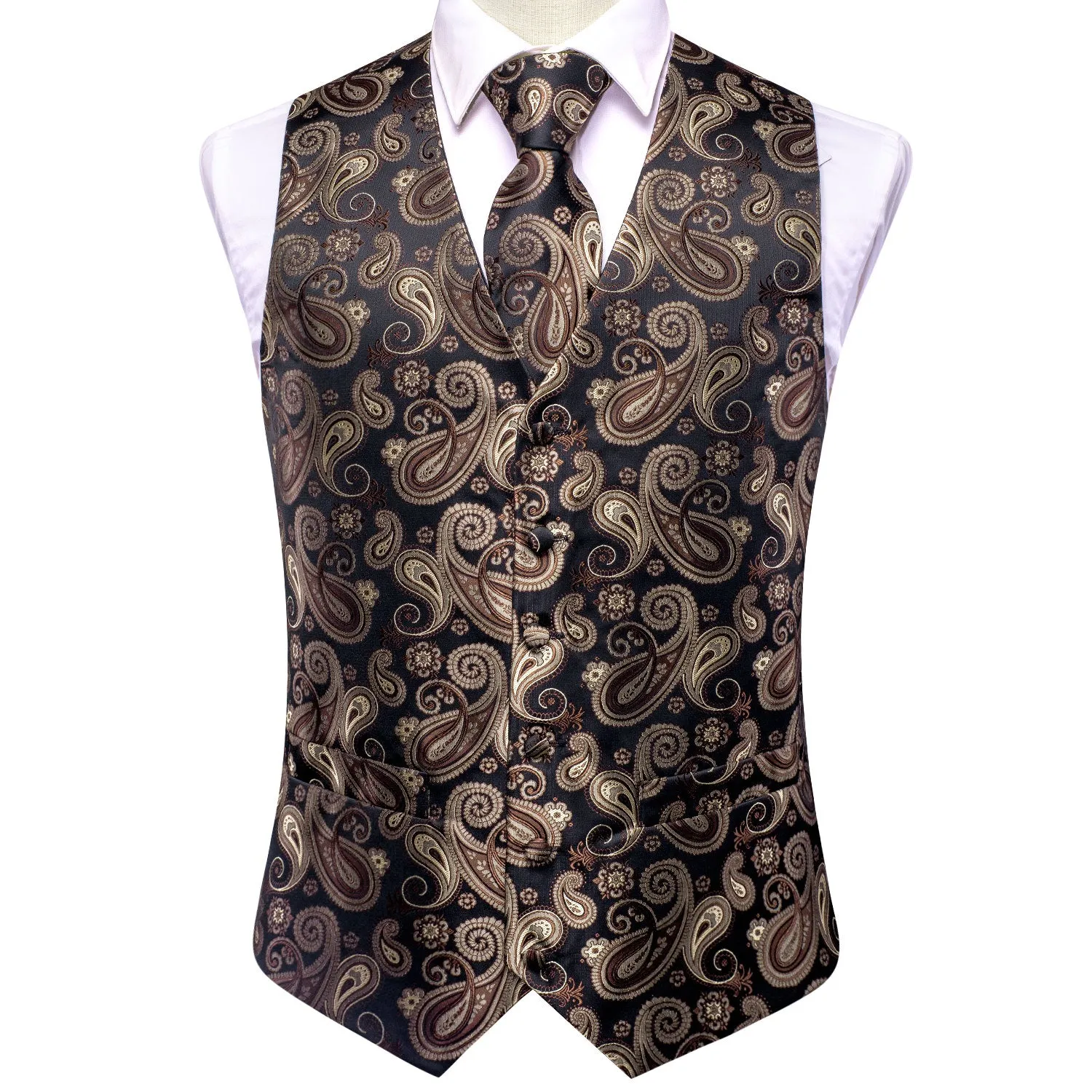 Hi-Tie Black Brown Paisley Silk Men's Vest Tie Set Waistcoat Suit Set