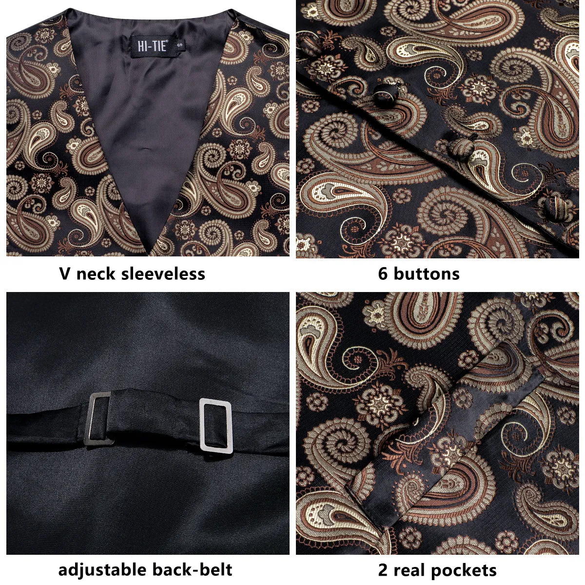 Hi-Tie Black Brown Paisley Silk Men's Vest Tie Set Waistcoat Suit Set