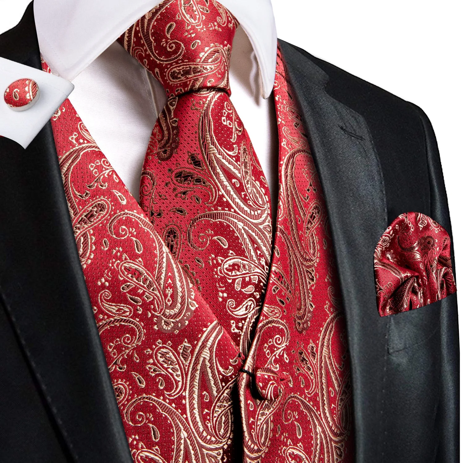 Light Red Paisley Silk Men's Vest Hanky Cufflinks Tie Set Waistcoat Suit Set