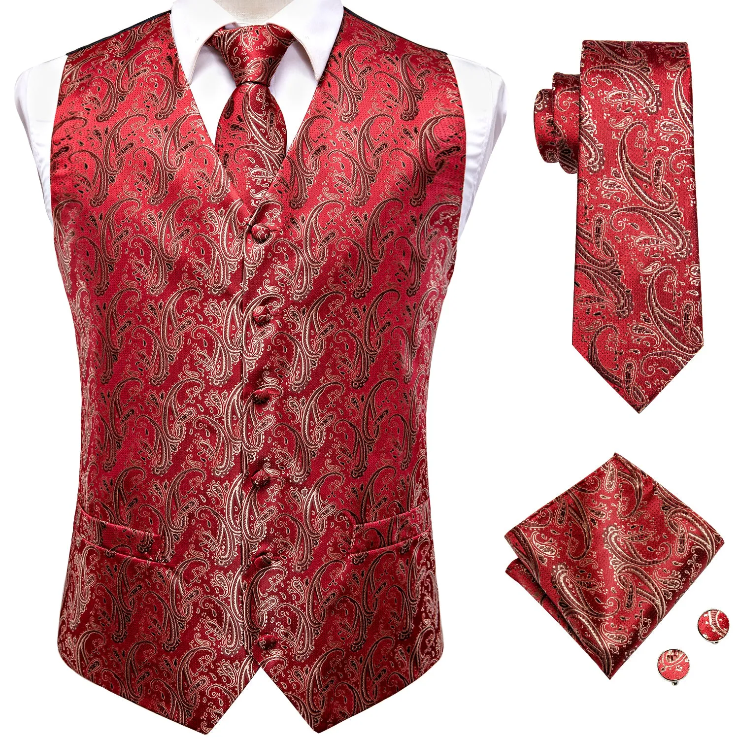 Light Red Paisley Silk Men's Vest Hanky Cufflinks Tie Set Waistcoat Suit Set