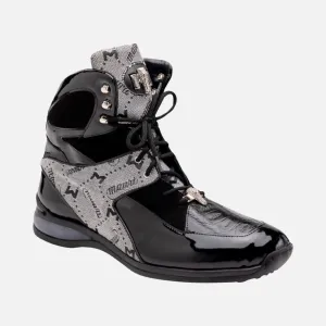 Mauri 8402 Men's Black & Gray High-Top Sneakers - Exotic Crocodile/Fabric/Patent Leather