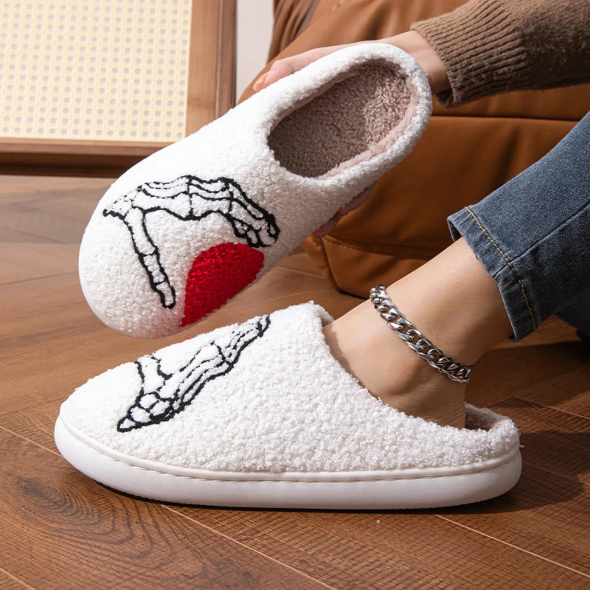 Men & Women Skull Hand Slippers – Soft, Non-slip, Warm Cotton Home Shoes