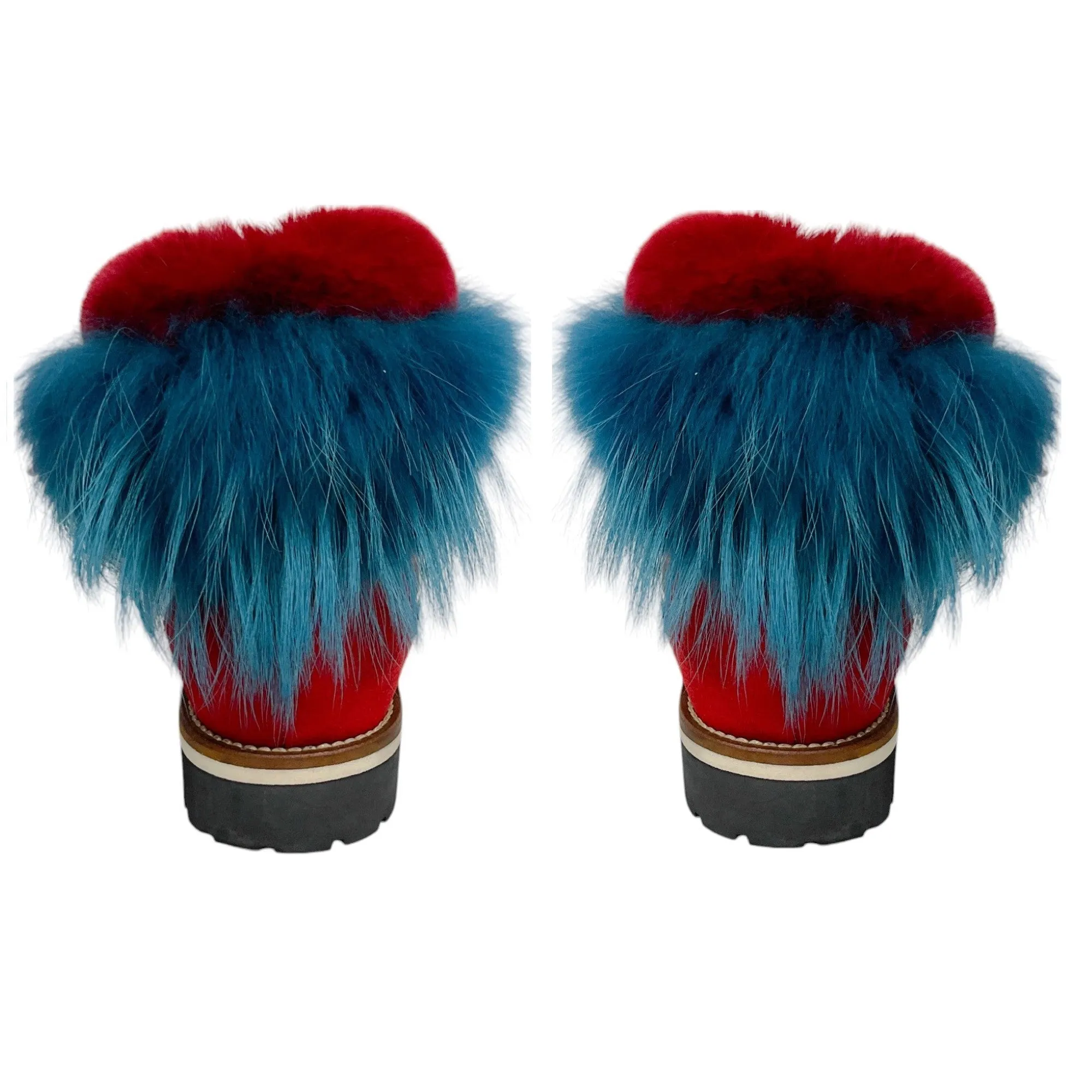 Mr & Mrs Italy Red / Blue Fox Fur Trimmed Shearling Lined Suede Boots