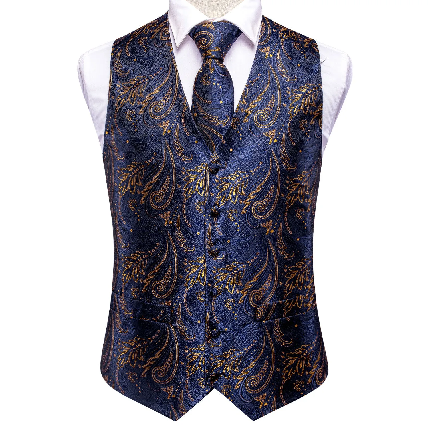 Navy Blue Golden Paisley Silk Men's Vest Hanky Cufflinks Tie Set Waistcoat Suit Set