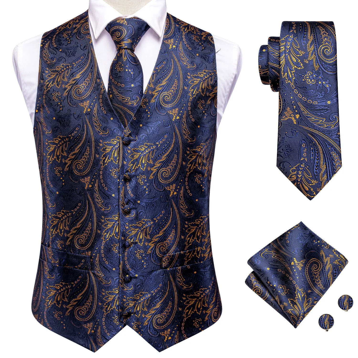 Navy Blue Golden Paisley Silk Men's Vest Hanky Cufflinks Tie Set Waistcoat Suit Set