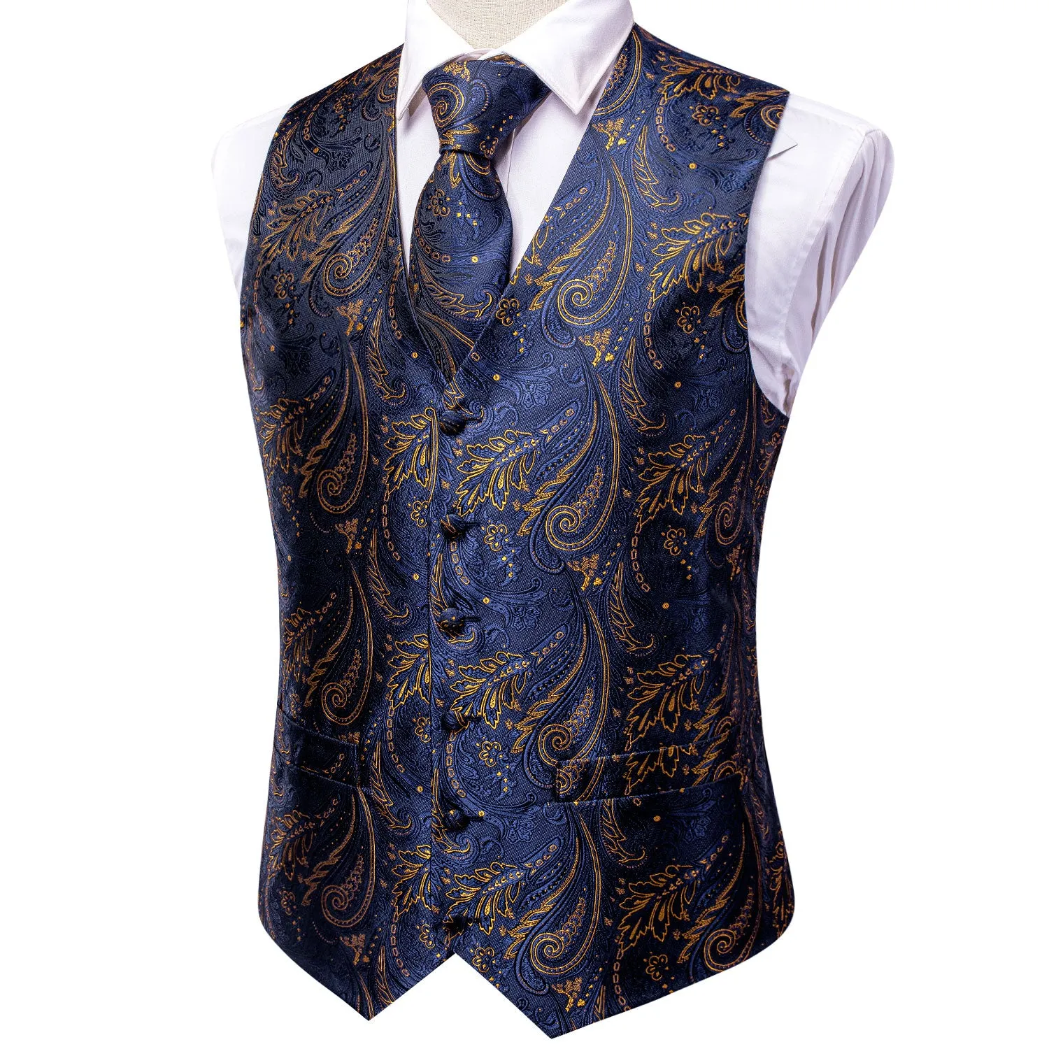 Navy Blue Golden Paisley Silk Men's Vest Hanky Cufflinks Tie Set Waistcoat Suit Set