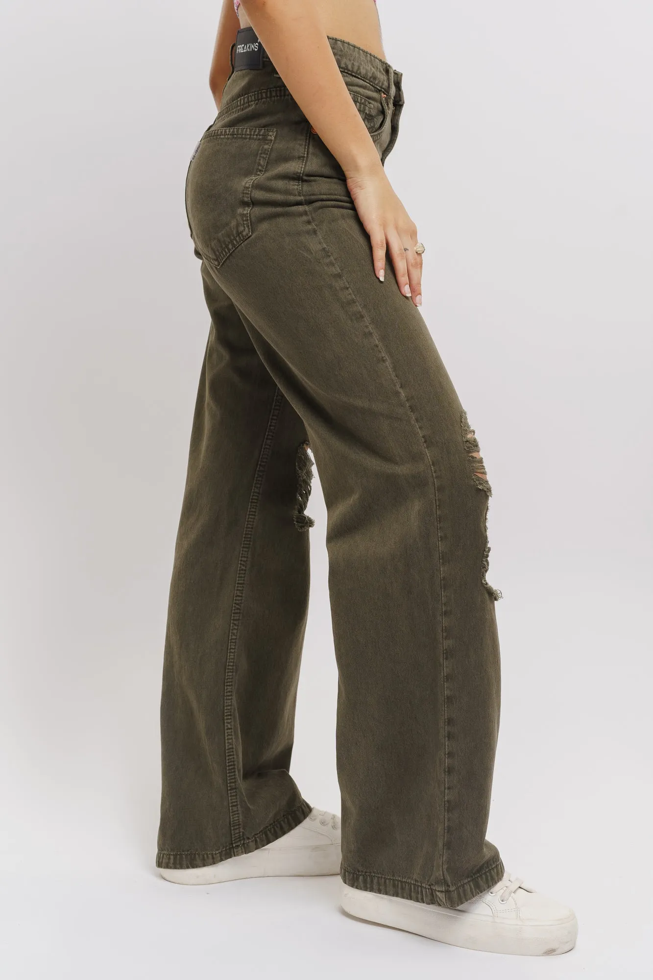 Olive Distressed Wide Jeans