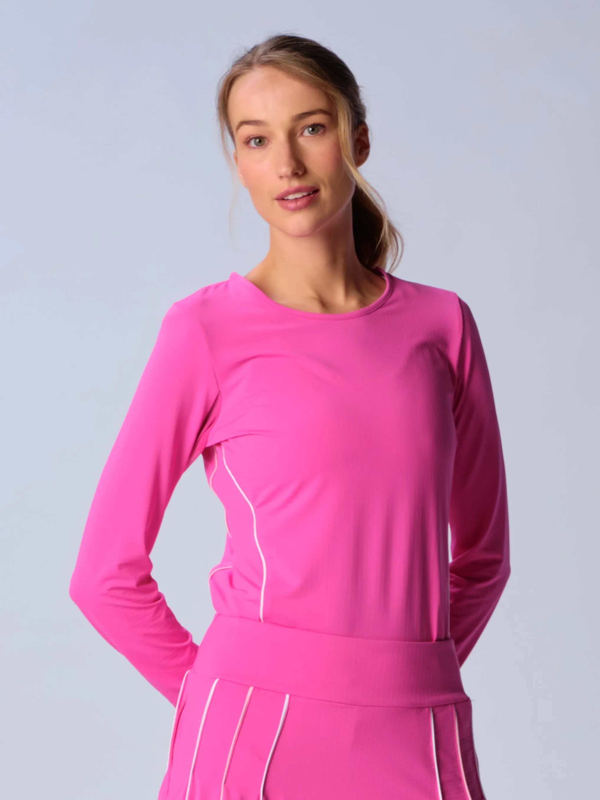 Piping Long Sleeve Top In Hot Pink