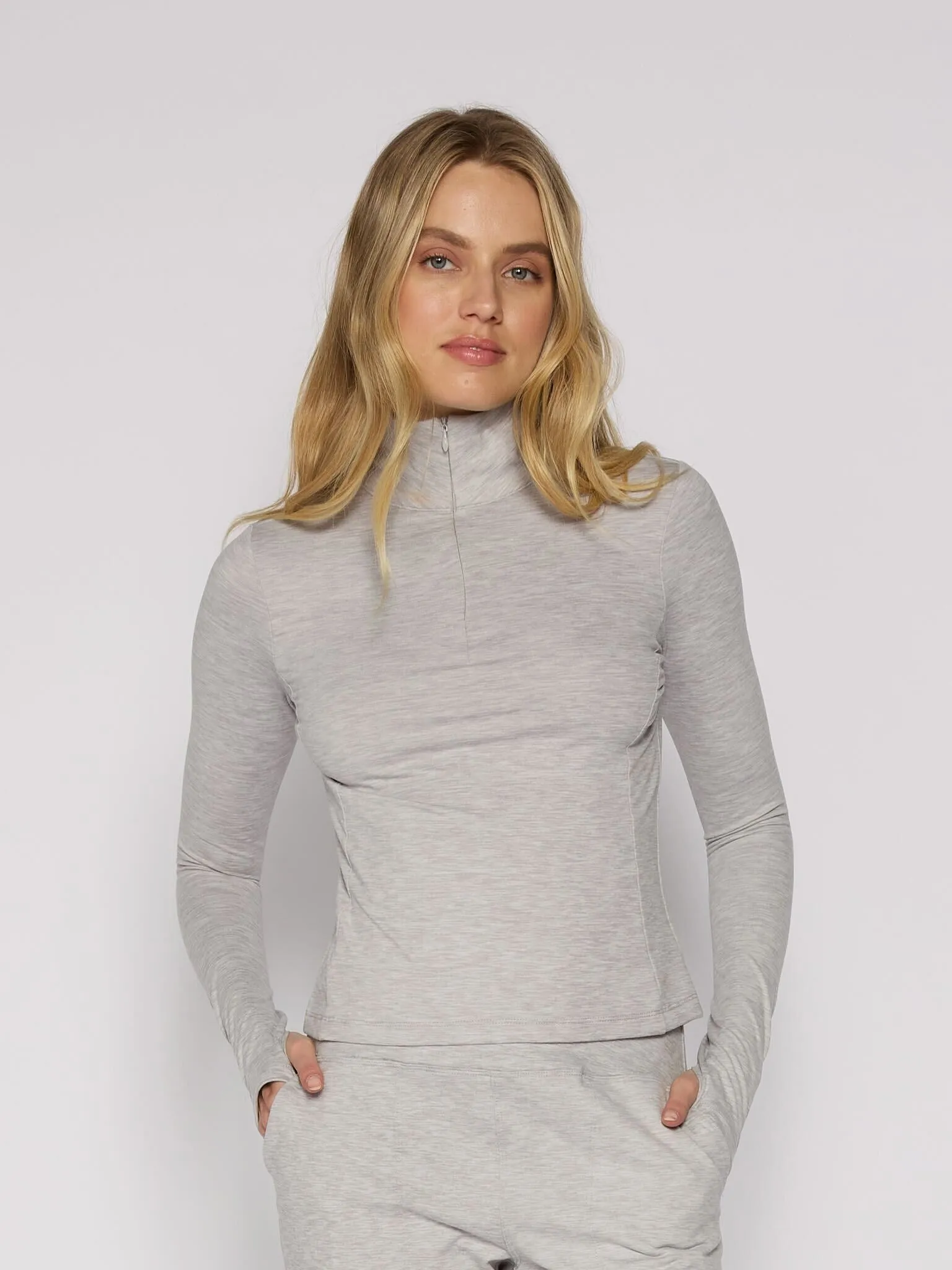 Quarter Zip Long Sleeve Top in Grey