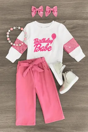 "Birthday Babe" Pink Corduroy Pant Set